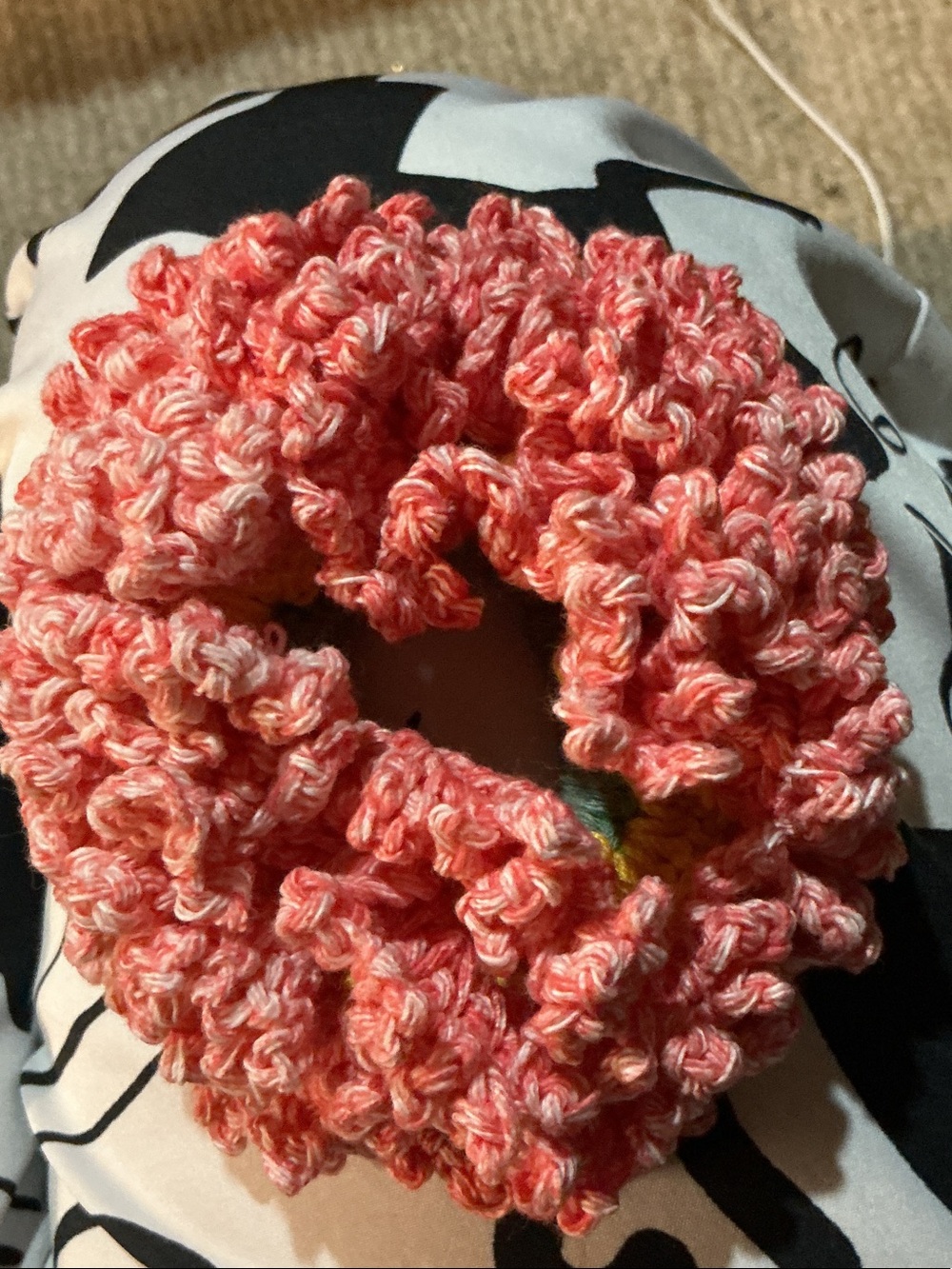 Handmade Crochet Blossom Scrunchie in Pink, Yellow, Green
